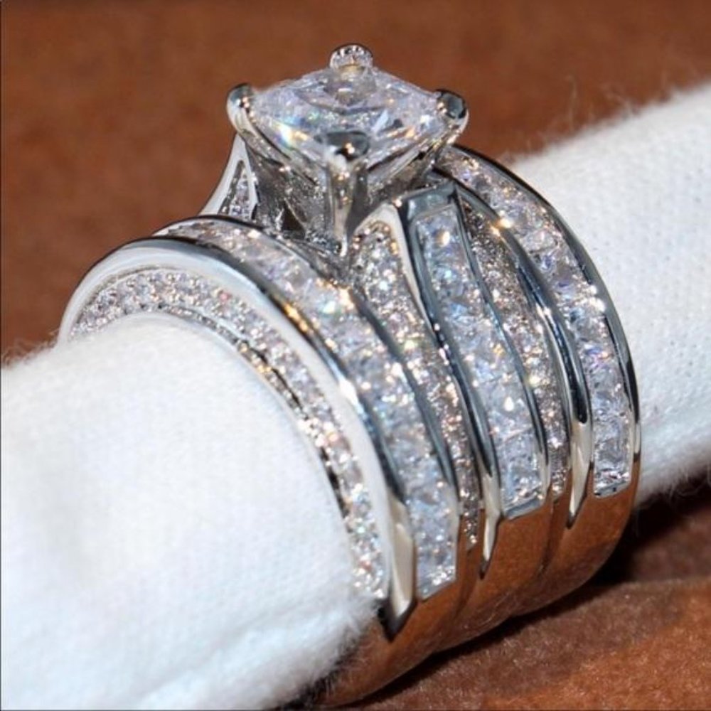 NEW 925 SILVER DIAMOND 3PC ENGAGEMENT RING SET - Picture 3 of 4